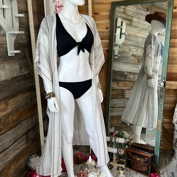 White Striped Print Drawstring Open Front Maxi Kimono💗 - Picture 3 of 16